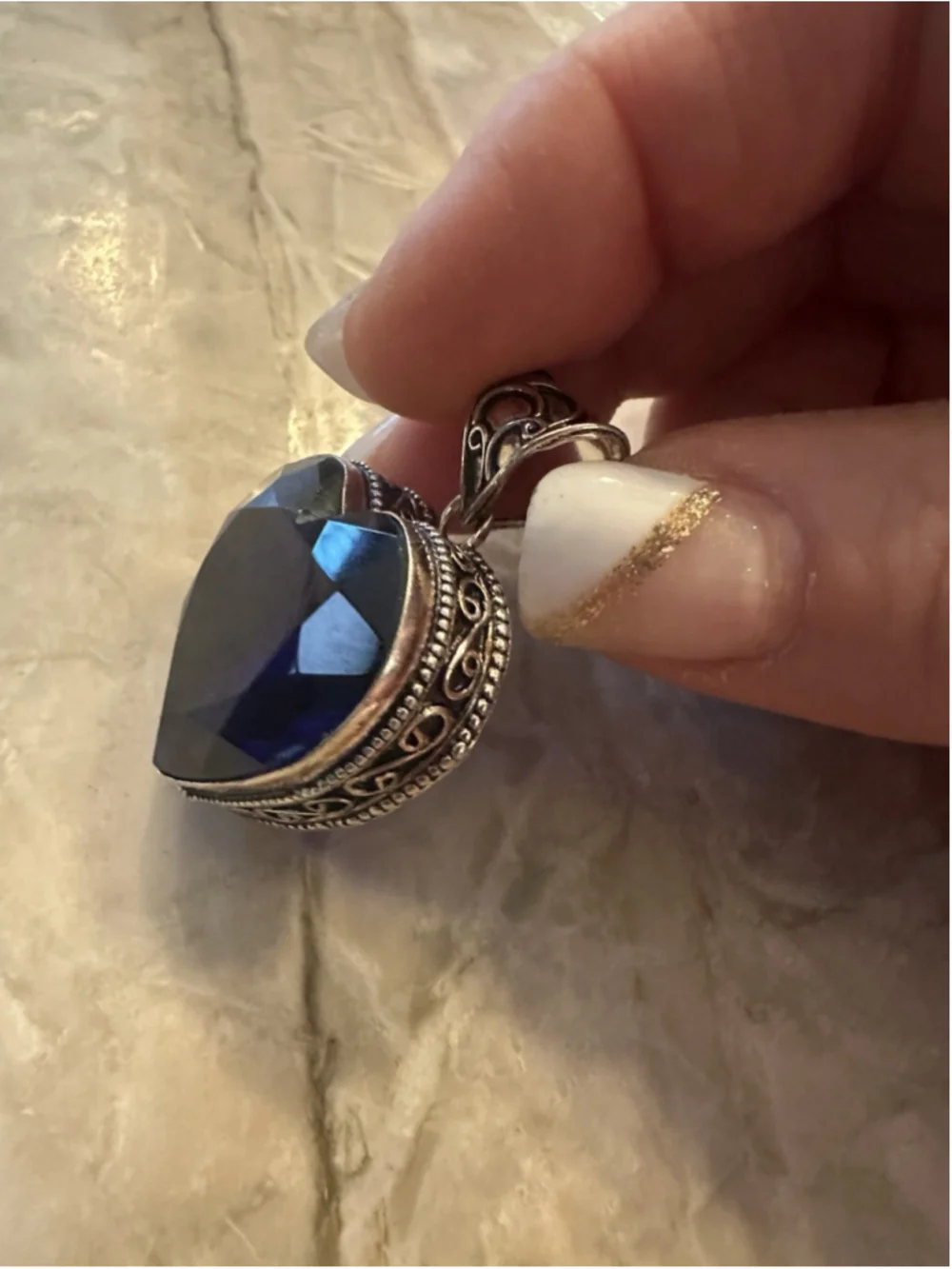 925 Sterling Silver Large Royal Blue Gem Jewelry Heart Boho Pendant 2.2''